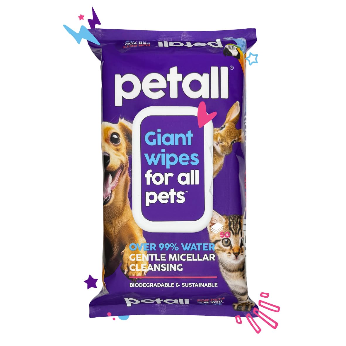 Pet Cleaning Wet Wipes 50 Extra Large Thick Wipes - Hypoallergenic Pet Wipes - Biodegradable Pet Wipes - Dog Wipes - Puppy Wipes - Cat Wipes - Wipes For All Pets - Fragrance Free - With Aloe