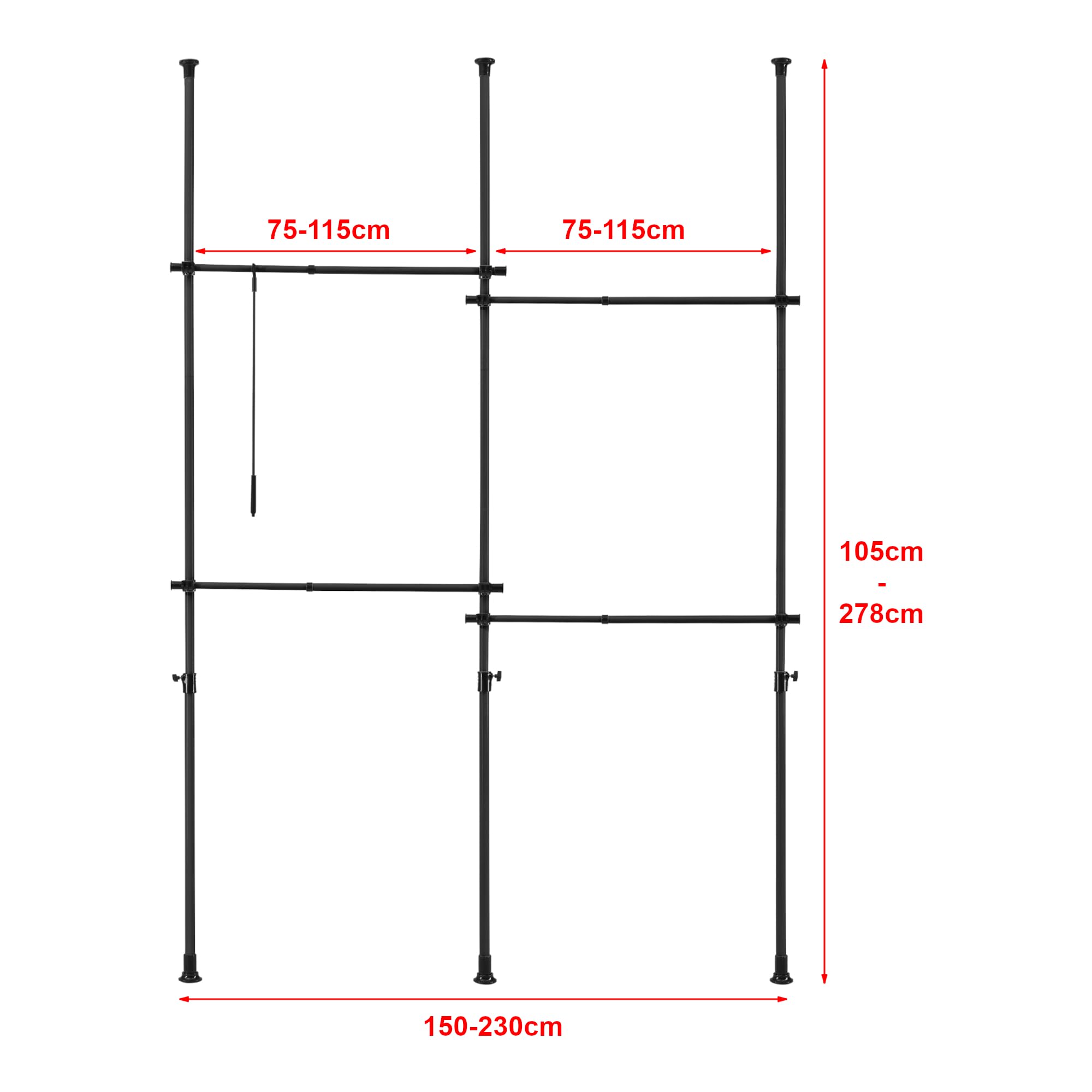 [en.casa] Teleskopowy system garderobowy Kemi z 4 drążkami do rozciągania, czarny stojak na ubrania, teleskopowa tyczka regulowana 150 – 230 cm, metal