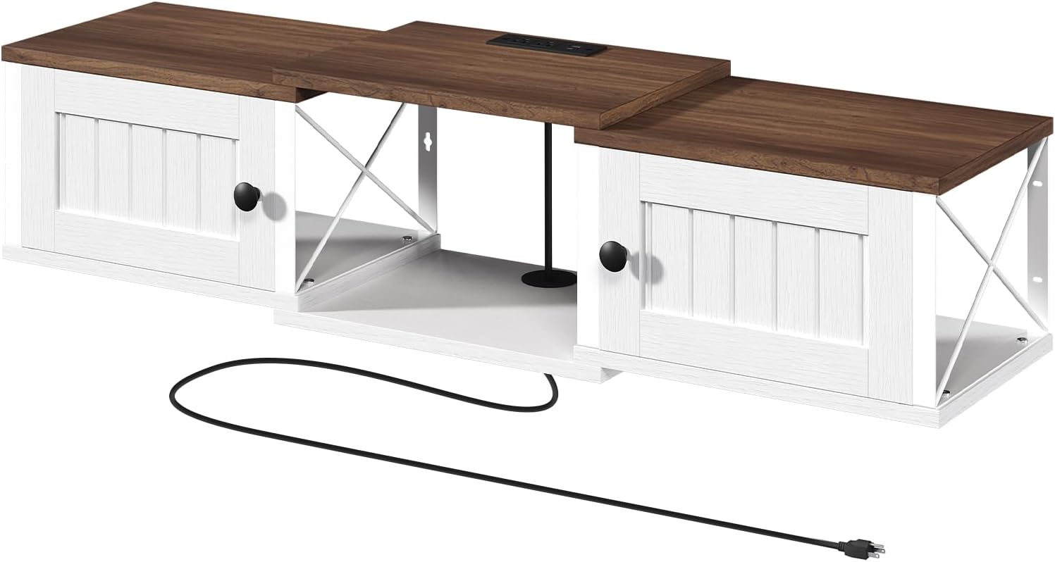 Farmhouse Floating TV Stand with Power Outlet, Wall Mounted Entertainment Center with Doors, Media Console Cabinet with Storage, for Living Room, Bedroom, White and Walnut TVBZ401E01 - Image 9