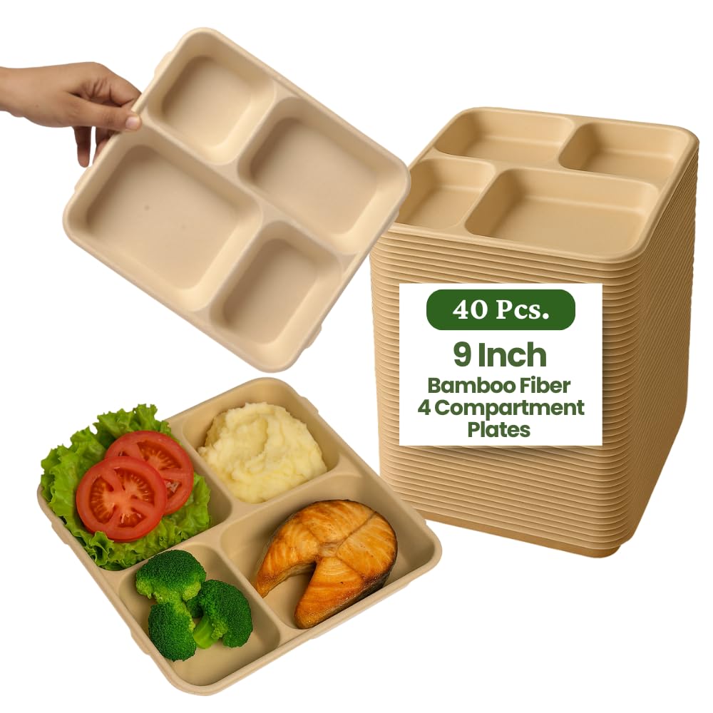 Dtocs Bamboo Fiber 9 Inch 4 Compartment Plates (40 Pcs.) | Heavy Duty Sectional Lunch Tray | Multipurpose Bagasse Like Divided Plates | Microwavable Bamboo Disposable Tray Alt to Plastic, Paper plate
