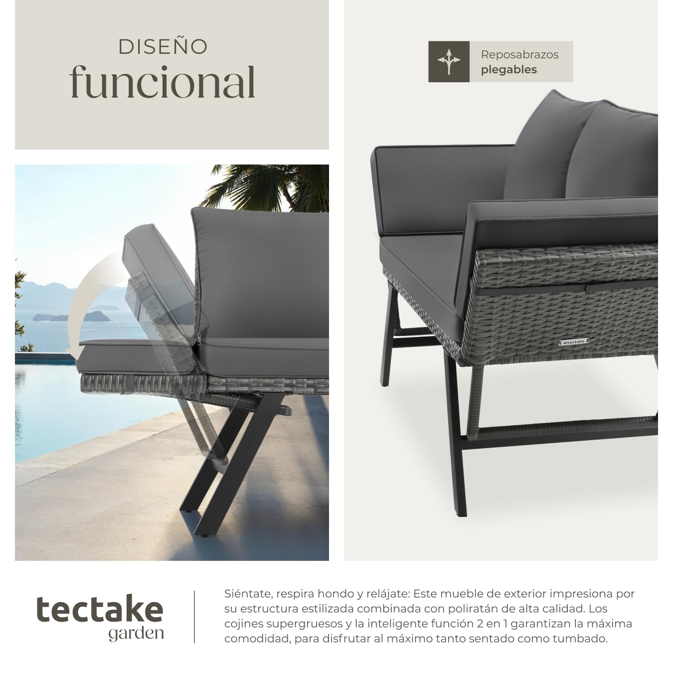 tectake® Salón de Jardín Exterior 2en1 Sofá 2 Plazas Tumbona de Sol de Resina Trenzada, Banco de Jardín con Cojines Incluidos, Muebles para Acondicionamiento de Balcón, Terraza, Veranda, Casa