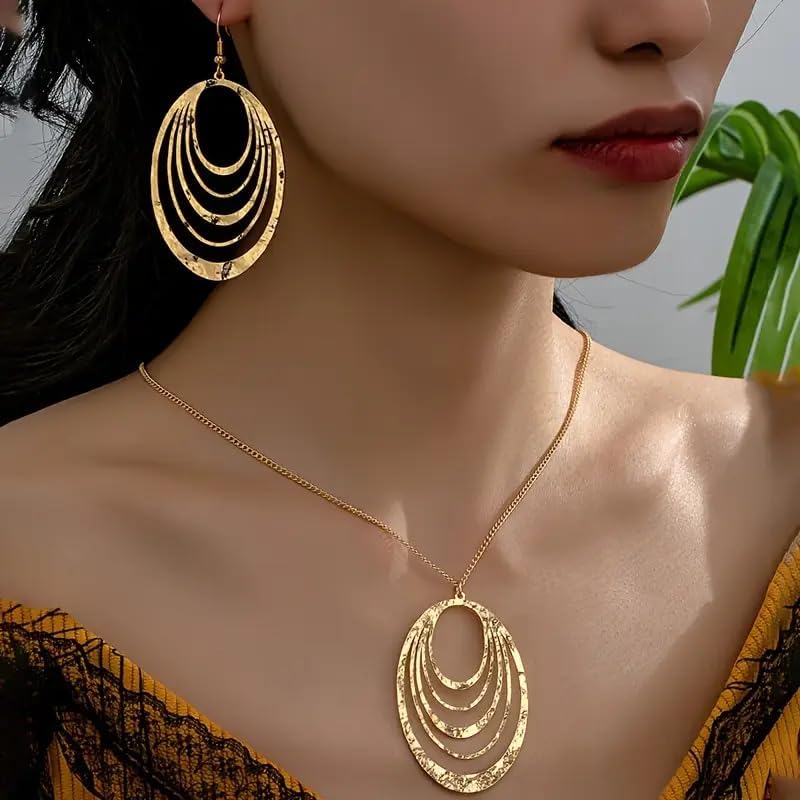 Necklace And Earring Sets For Women, Gold Chunky Charm Necklaces Three Layer Circle Pendant Bohemian Metallic Style Jewelry Gift - Image 6