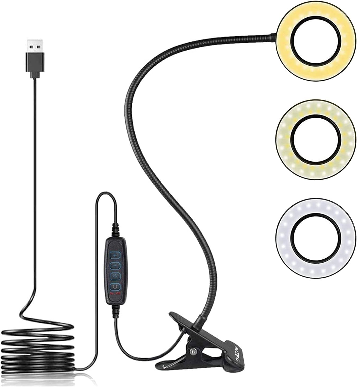 Tukzer 3.5" LED Selfie Ring Light |Flexible Arm Desk Mount Clamp for Live Stream, Makeup, Online Meetings, Recording, Photography, USB Reading Light | 3 Color 10 Brightness Level