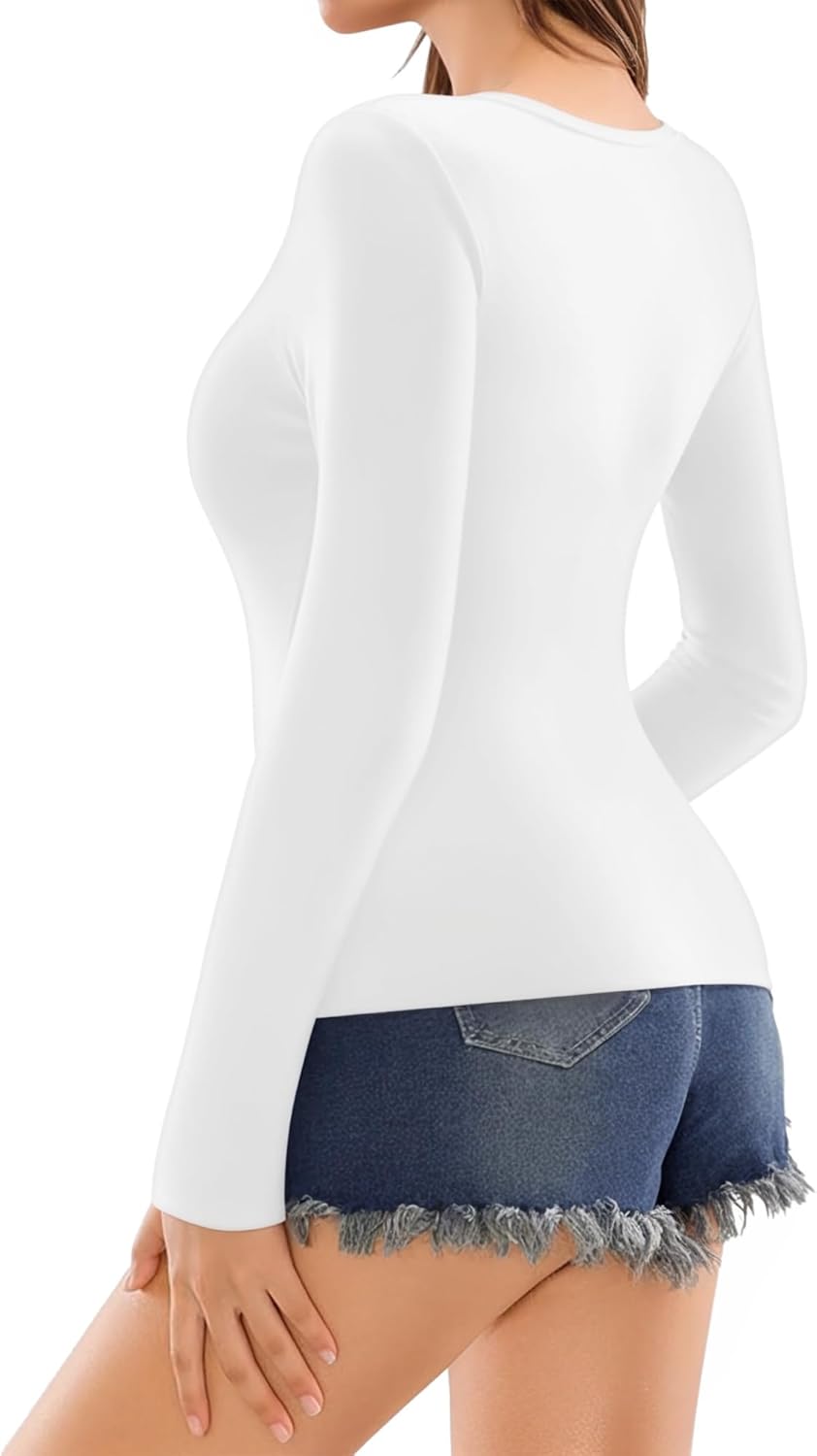 MANGOPOP Deep V Neck Long Sleeve Shirts for Women Sexy Slim Fitted T Shirt Tops - Image 3