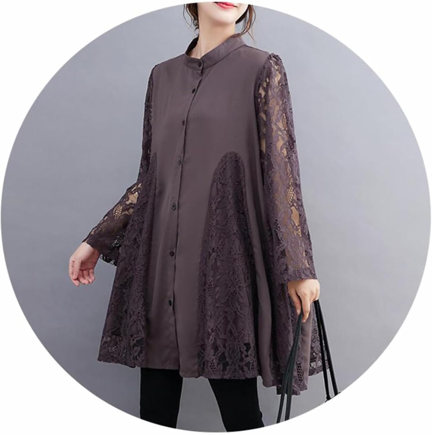 [BaLuoTe] レディース ワンピース チュニック レース 長袖 フレアワンピース ミモレ ゆったり Aライン シャツワンピース