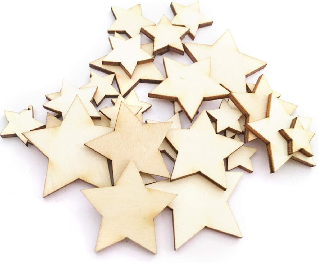 Sewroro 200Pc Five-Pointed Star Wood Pieces Unfinished Wooden Ornaments for DIY Crafts Kids Art Projects and Party Decorations