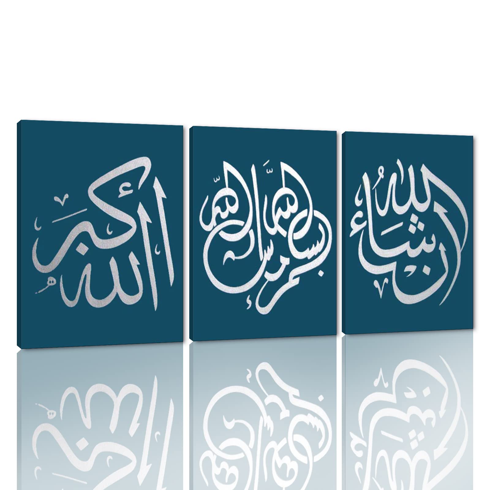Yatsen BridgeHand painted Arabic Calligraphy Islamic Wall Art 3 Piece Oil Paintings on Canvas for Living Room Decor Teal Framed and Stretched Ready to Hang (Teal Silver), 40*30cm=3