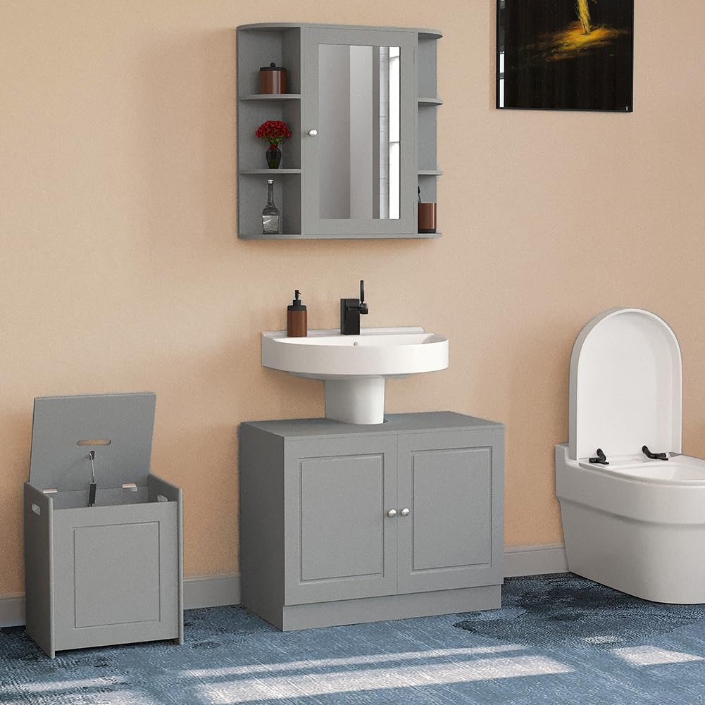 BAKAJI Mobile Sottolavabo da Bagno Linea Pietra in Legno MDF, Copricolonna con 2 Ante, Mobiletto Lavabo Moderno Salvaspazio, Armadietto da Terra per Lavandino Capiente, 55 x 66 x 37 cm (Grigio)
