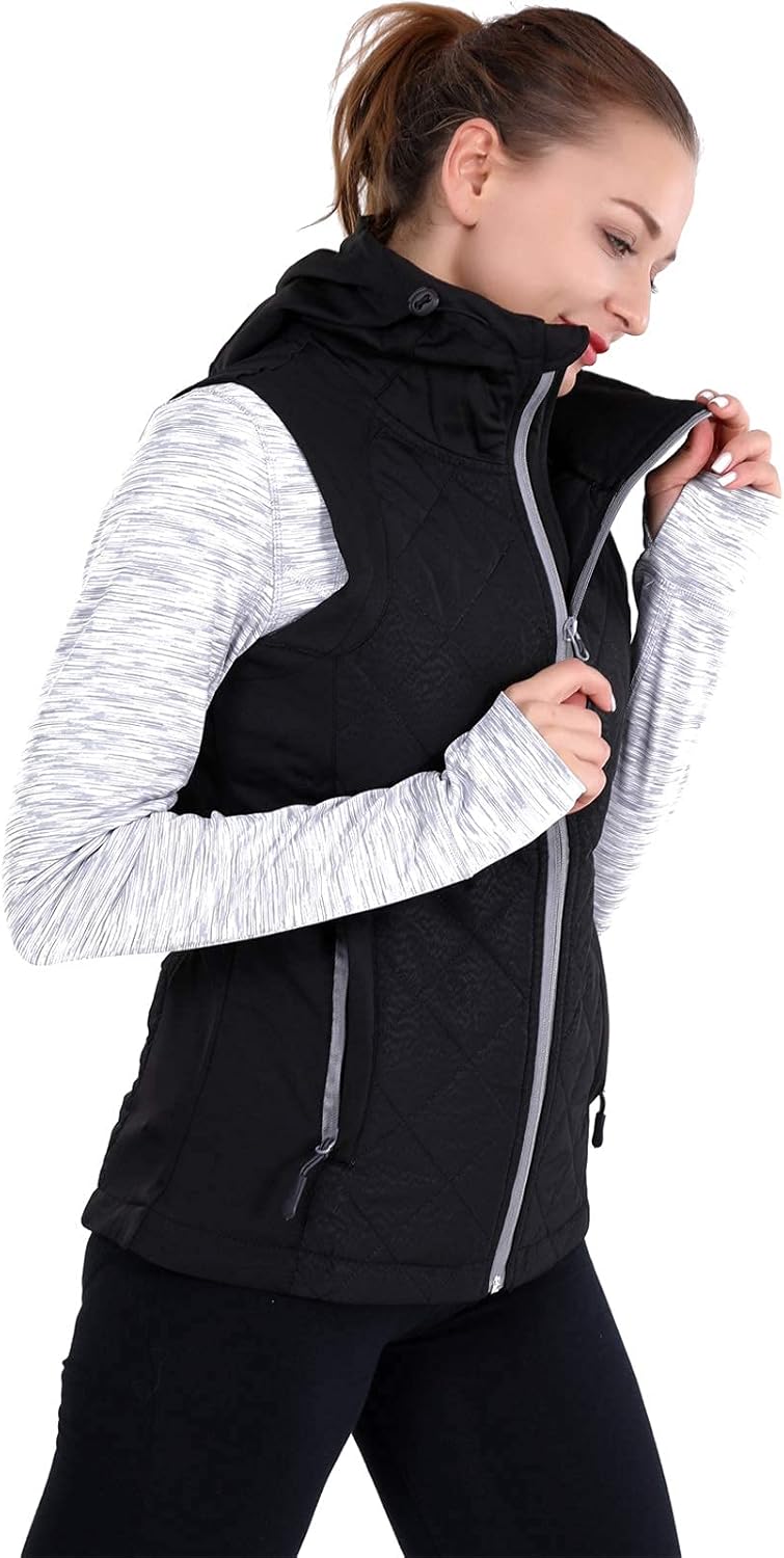 Miniatura 2 de AMORUN Chaleco acolchado con capucha para mujer, con aislamiento negro, ligero, con cremallera y bolsillos laterales