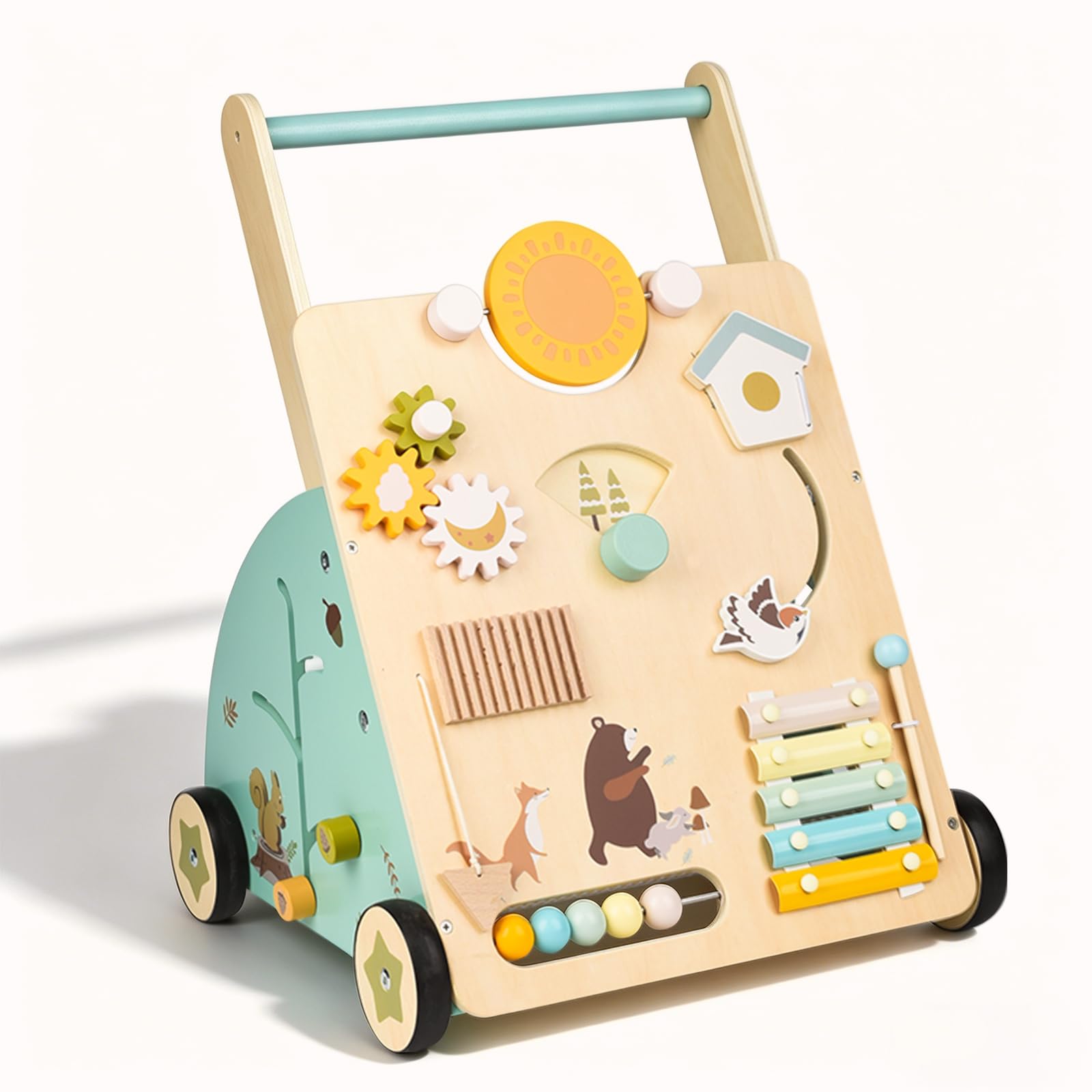 Brownroot Wooden Baby Walker with 9-in-1 Activity Center, Woodland Themed Montessori Toddler Push Toy with Xylophone, Counting Beads & Shape Sorter, Early Educational Learning Toy for 1+ Year Old