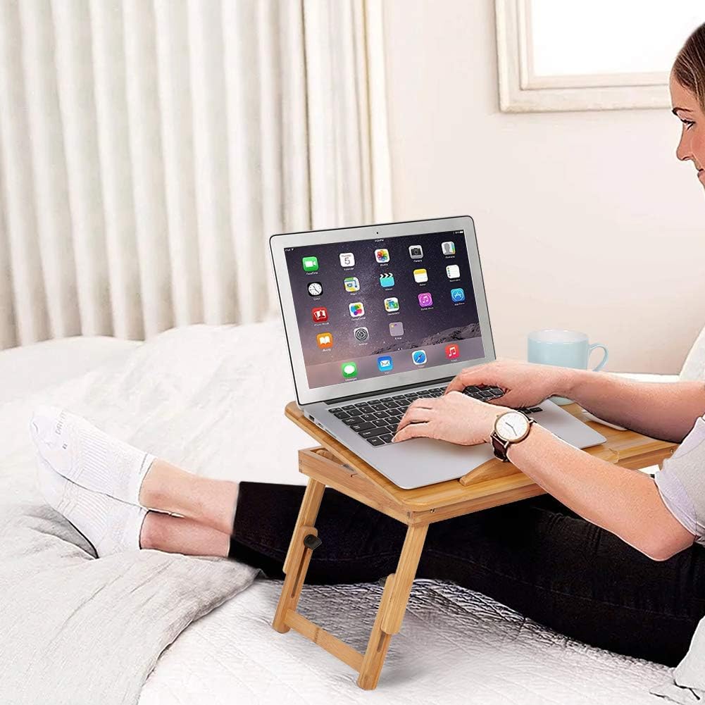 Bed Table, Adjustable Bed Tray Table Over The Bed Laptop Table Lap Desk Portable Foldable Laptop Table Riser Bamboo Breakfast Serving for Bed Sofa Couch Eating Reading Writing