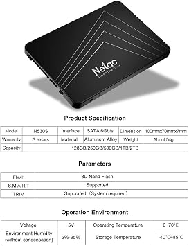 Netac SSD 480GB Internal Solid State Drive Hard Drive SATA SSD 2.5 Inch SATAIII 6Gb/s,3D NAND Solid State Drive Internal,for Laptop, PC, Desktop(N530S 480GB,Black)