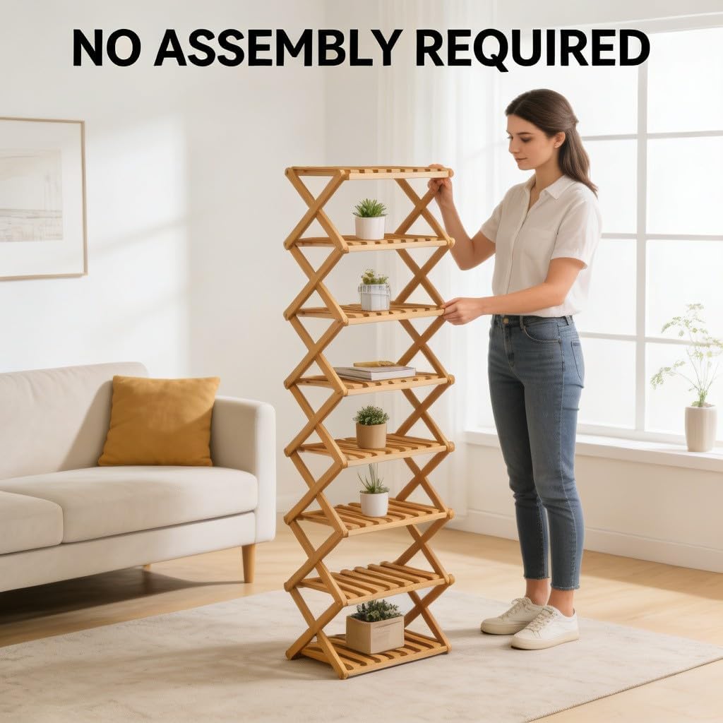 The 9-Tier No-Assembly Bamboo Rack, Foldable 9 Tier Bamboo Corner Shoe Rack, Space-Saving Organizer for Shoes, No Assembly Narrow Shoe Shelf for Entryway Closet Dorm Small Spaces(7 Tiers)