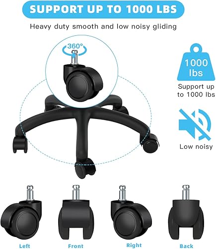 Miniatura 8 de Ruedas giratorias de repuesto para silla de oficina (juego de 5) para suelos de madera dura y alfombras, soporte de ruedas resistentes de hasta 1000