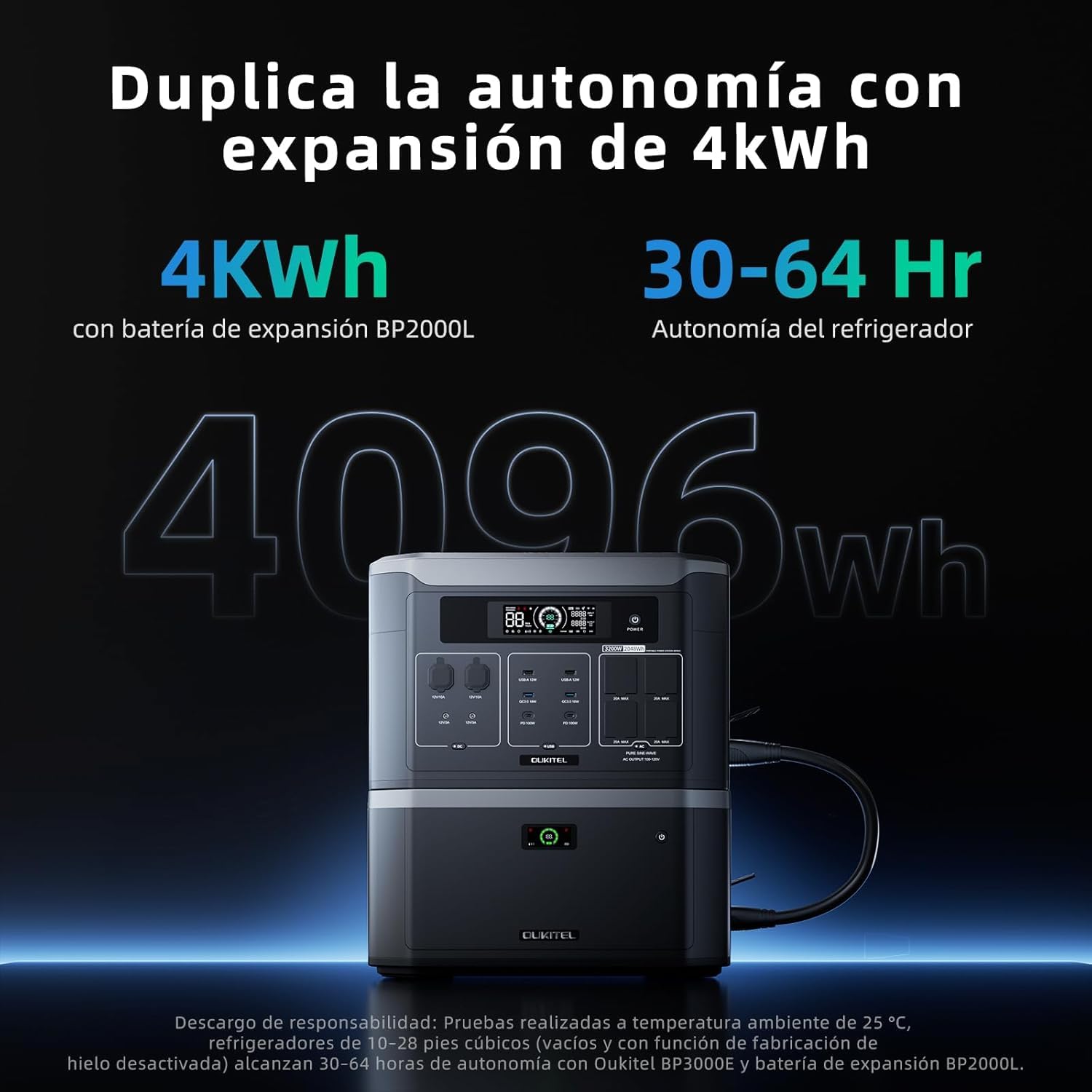 OUKITEL BP3000 3200W(6400W Pico) Estación de Energía Portátil, Carga del 80% en 1,5 Horas, 2048Wh Batería LiFePO4, Ampliable a 16 kWh, Generador Solar para Camping, Uso Doméstico y Emergencias