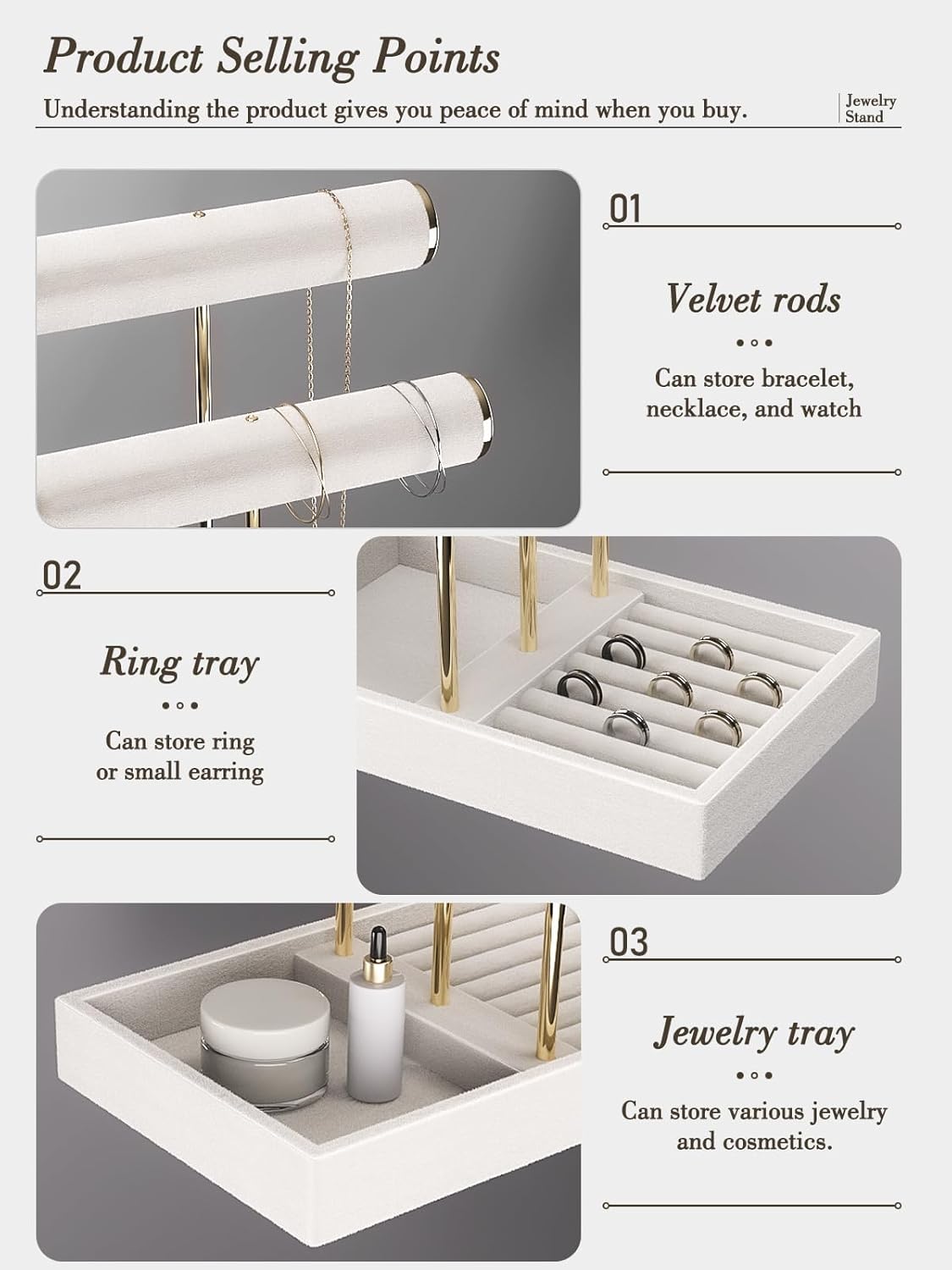 LongMen 3 Tier Bracelet Holder Display,Jewelry Holder Organizer with Velvet Crossbar and Metal Frame,Necklace Earring Bracelet Display Holder for Women (Beige) - Image 4