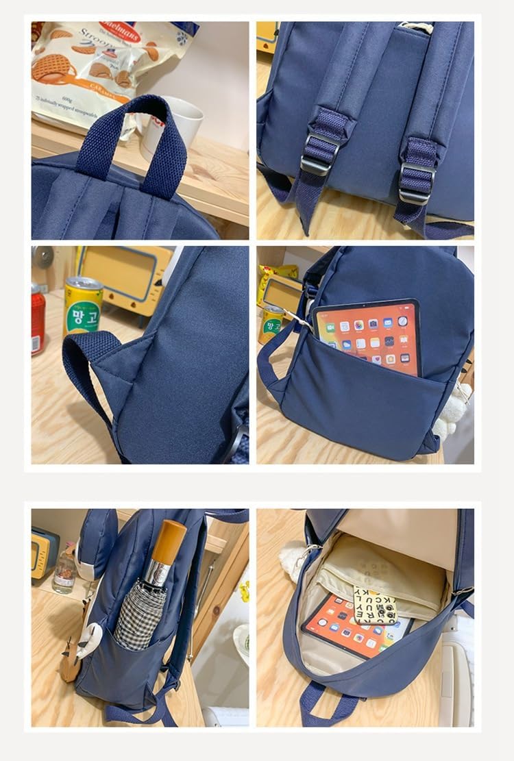 e-super Penguin Laptop Backpack Canvas Shoulder Bag Student School Bag Bookbag Travel Daypack with a Doll