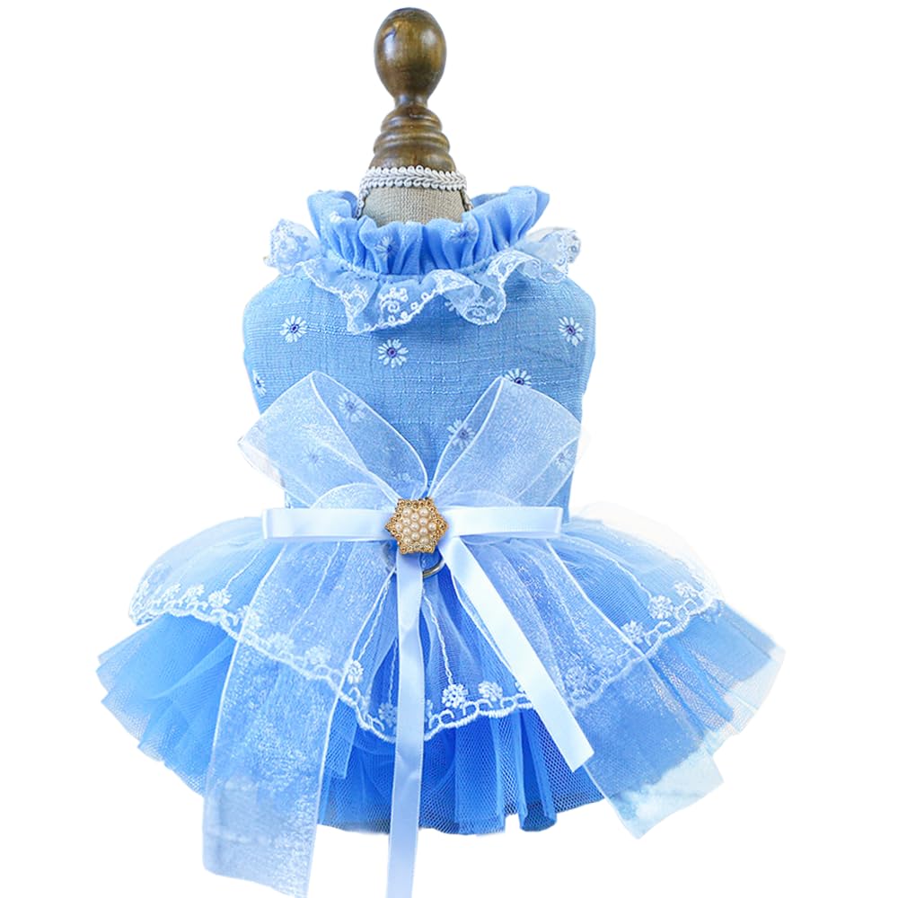 ANIAC Daisy Small Dog Dresses Female with Leash Ring,Bow Knot Girl Puppy Wedding Dress,Valentine's Cat Outfit,Fancy Pet Party Dress for Kitten