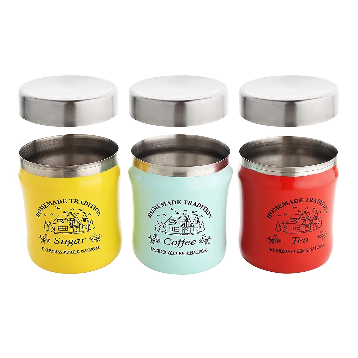 Nicolette Super Quality Stainless Steel Tea Coffee Sugar Canister – Set of 3 – Tricolor – Damroo Shape – 750 Ml Each | Multipurpose Canisters For Kitchen Accessories (Indian Made Product) (B0BZLVZL84) Amazon Price History, Amazon Price Tracker