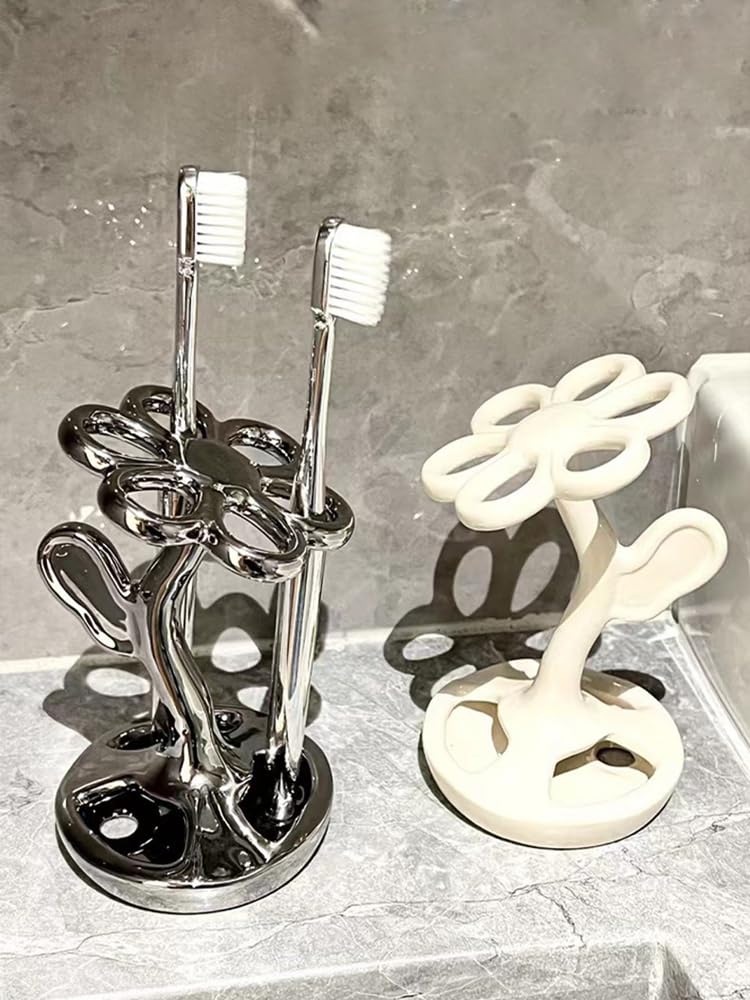 Zahnbürstenhalter Aus Keramik – Blumen-Design Für Bis Zu 6 Bürsten | Schmuck Fürs Badezimmer In Silber, Schwarz Oder Beige