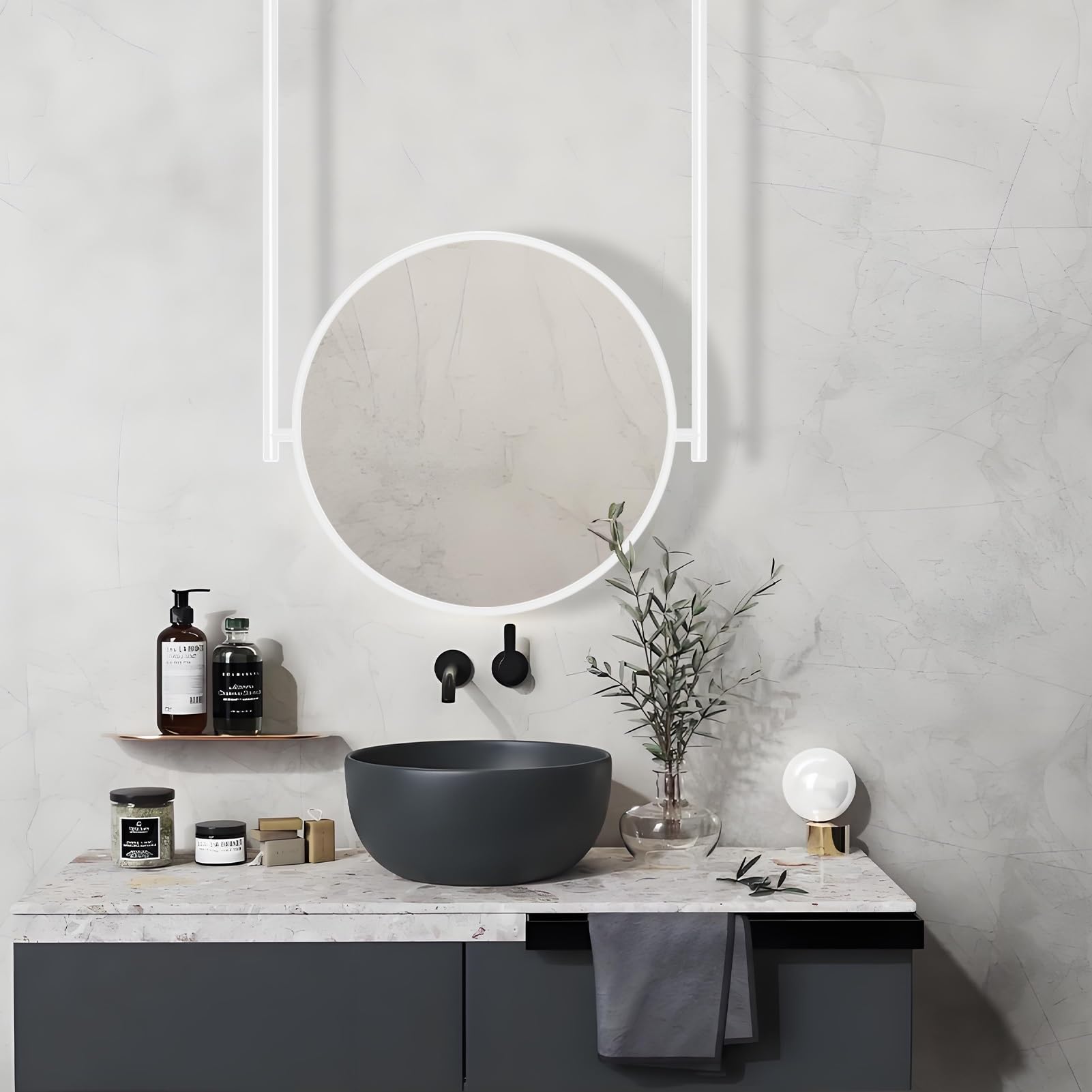 FGXHHS Ceiling Mounted Mirror with Customizable Hanging Rod, White Round Framed Bathroom Vanity Mirror, Wall-Mounted Mirrors for Bedroom, Entry Way, Hallway(Diameter-70CM/27.6INCH)