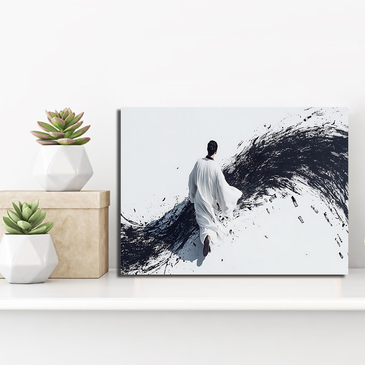 CHERHERART Chiński obraz z umytym atramentem czarno-biały obraz ścienny na płótnie czarno-białe fale minimalistyczna figura orientalny plakat na płótnie Feng Shui obraz wewnętrzny 70x100cm