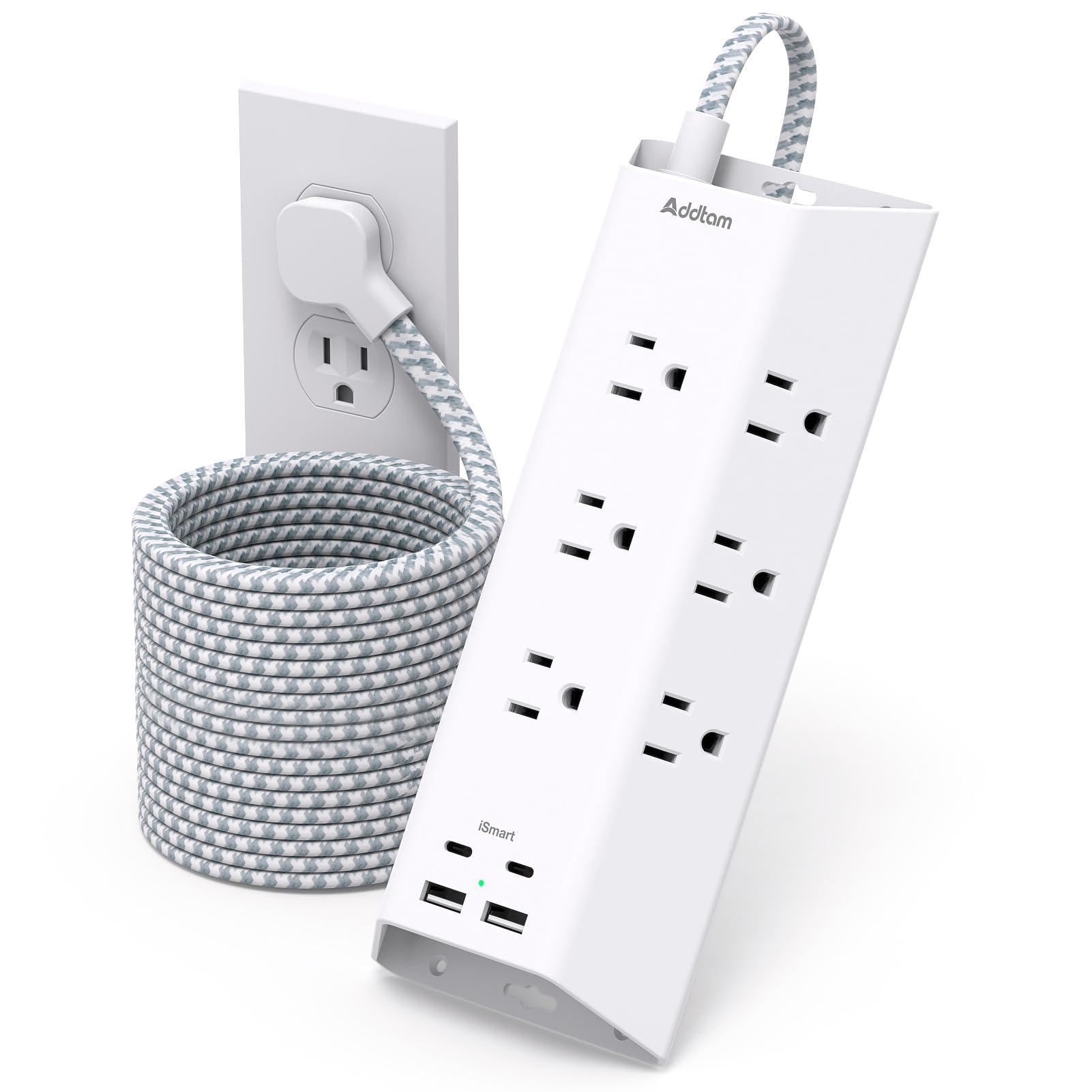 Surge Protector Power Strip 15 ft, Addtam Flat Plug Extension Cord with 4 USB Wall Charger(2 USB C Port), 9 Widely Outlets Desk Charging Station, Home Office and College Dorm Room Essentials