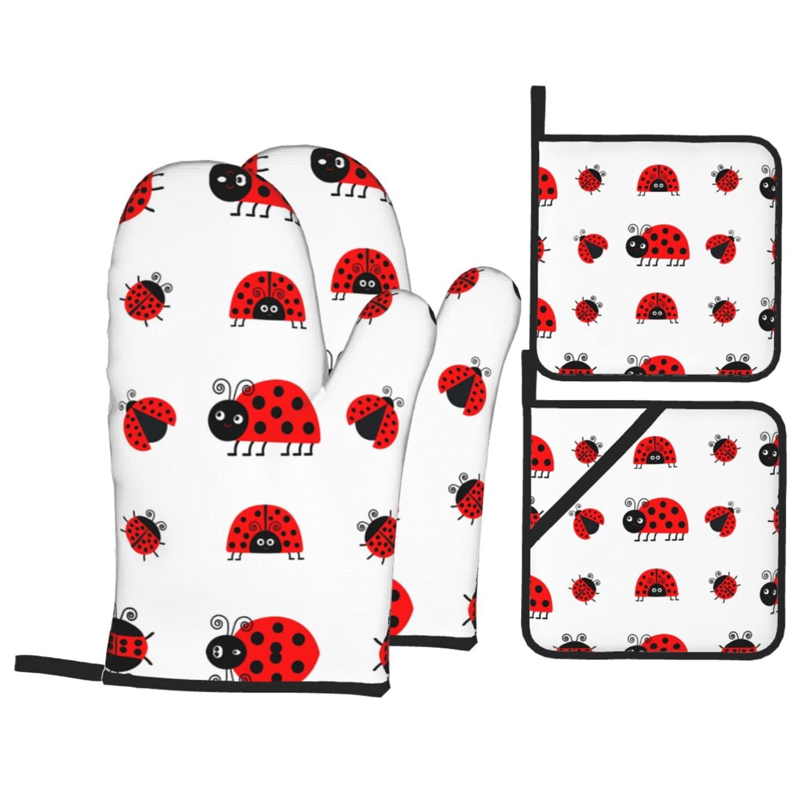 Red Ladybug Oven Mitt and Pot Holder 4-Piece Set for Kitchen, Outdoor Grill, Baking