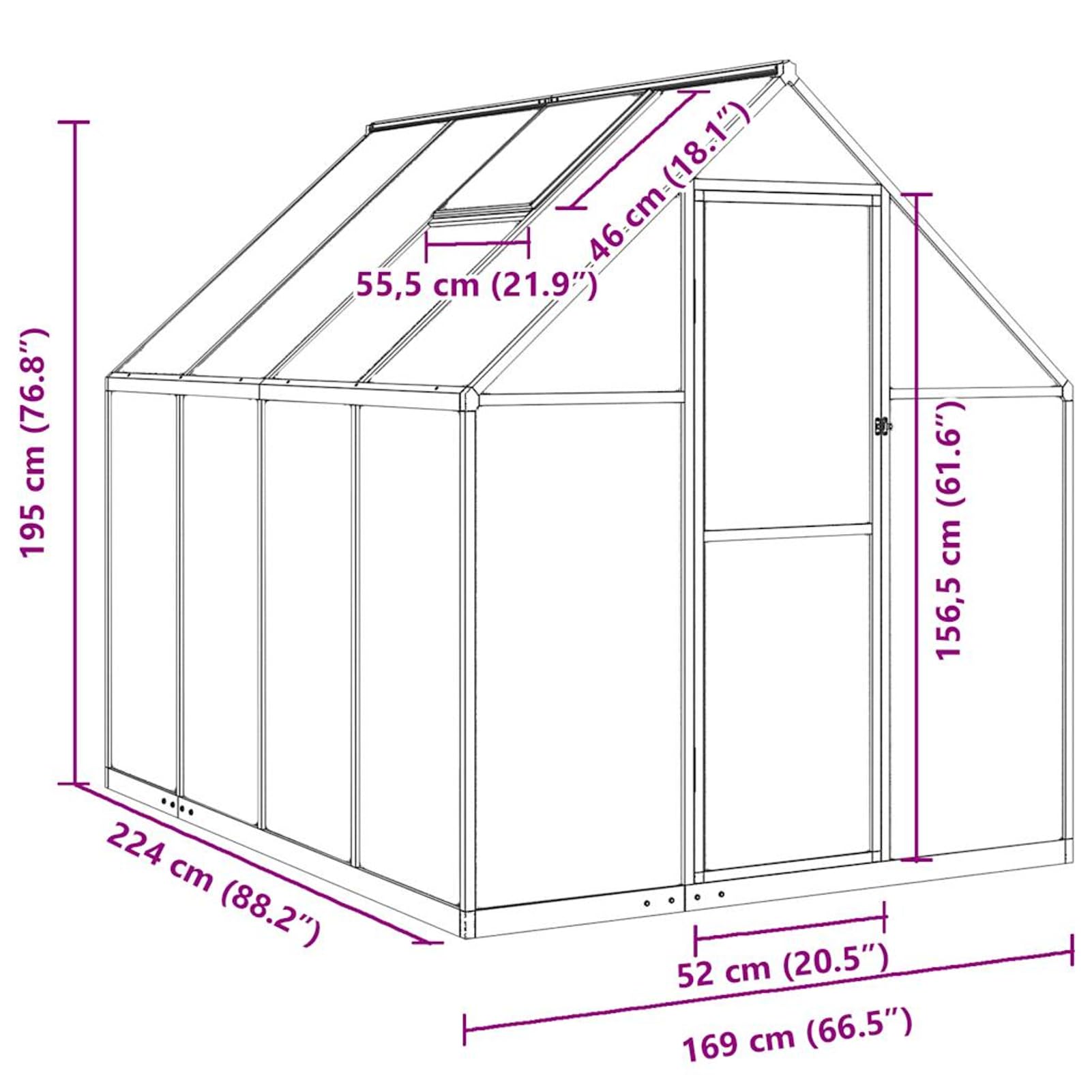 Szklarnia 224 x 169 x 195 cm – wytrzymała rama aluminiowa z płytami PC 4 mm, wbudowana rynna deszczowa i regulowane okno wentylacyjne, zielona/przezroczysta, ogrodnictwo hobbystyczne