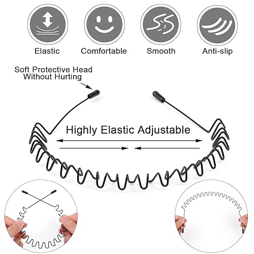Miniatura 3 de Diademas de metal, 6 unidades, unisex, color negro, para primavera, onduladas, para deportes, yoga, bandas antideslizantes para exteriores