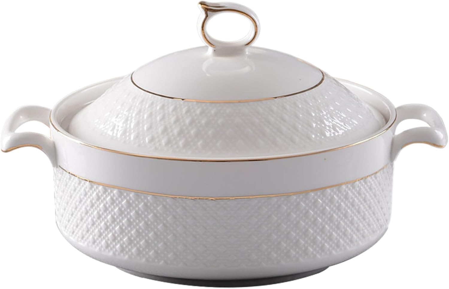 Soup Tureen Ceramic, 1.5L White Serving Bowls with Gold Border Double Handle Soup Tureen with Lid and Ladle Set for Pasta