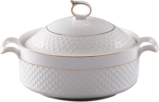 Soup Tureen Ceramic, 1.5L White Serving Bowls with Gold Border Double Handle Soup Tureen with Lid and Ladle Set for Pasta,