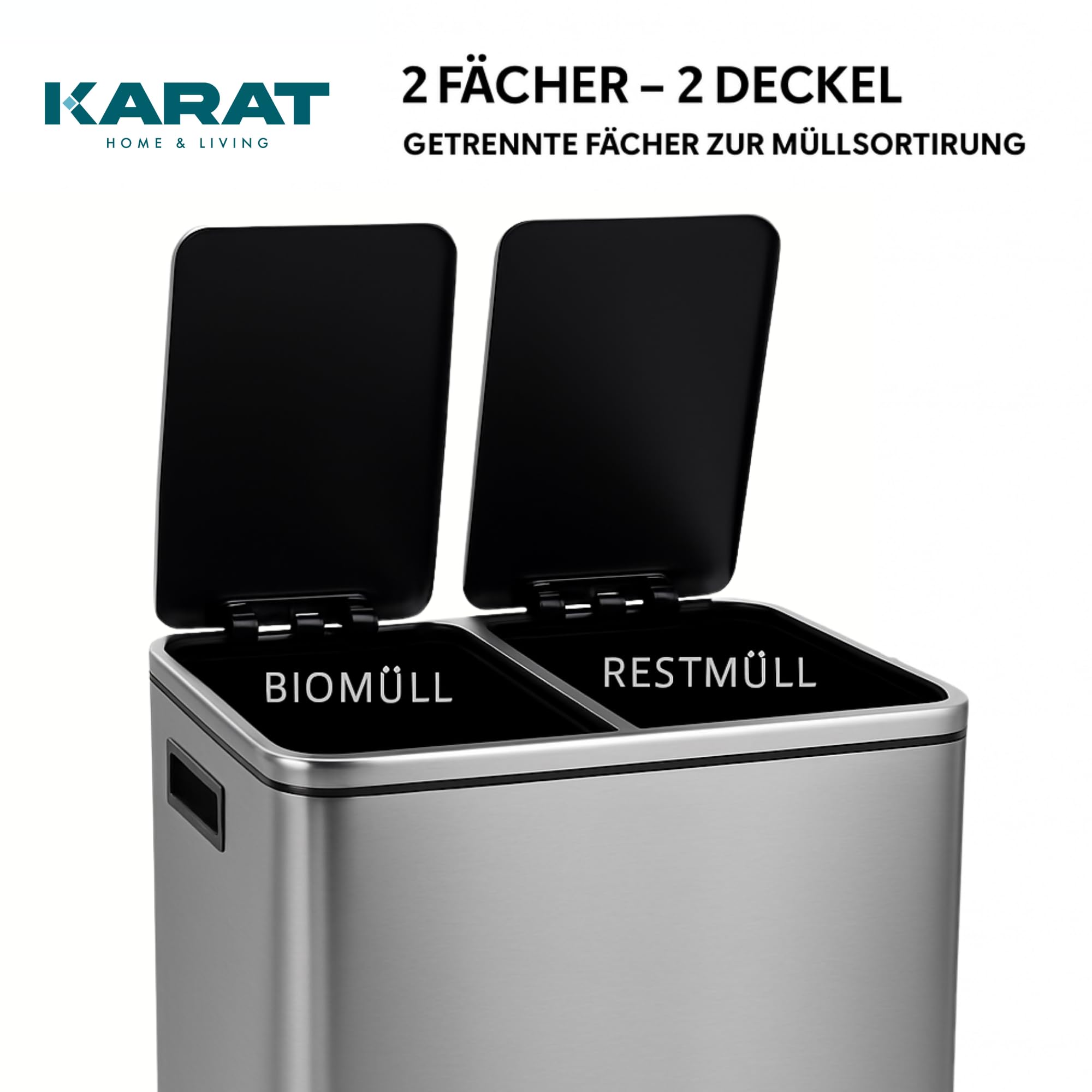 KARAT Mülleimer Küche 2×30L Edelstahl | 2-Fach Mülltrennsystem, Treteimer Küche, Metall, Soft-Close, luftdicht, Kunststoff-Inneneimer, Klappdeckel – (Felix)