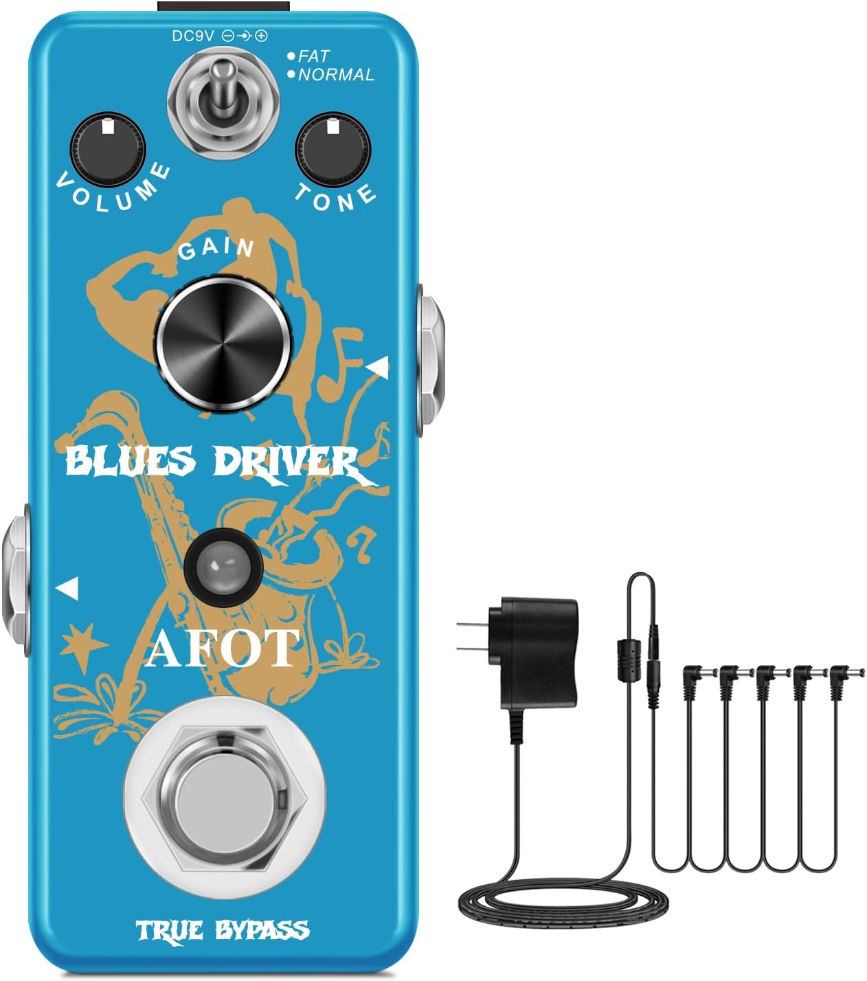 Blues Driver Guitar Effects Pedal Vintage Overdrive Effect Pedal with 9V DC 0.5A Guitar Pedal Power Supply Adapter with 5 Way Daisy Chain Pedal Cables