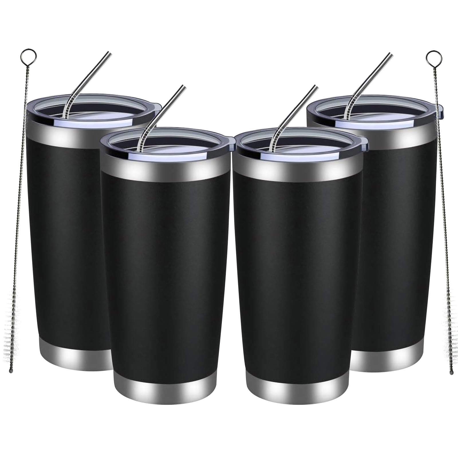 MEWAY Vasos de 590 ml, paquete de 4 tazas de viaje aisladas al vacío de doble pared, vasos de acero inoxidable con tapa y popote, tazas de café duraderas con recubrimiento en polvo para bebidas frías