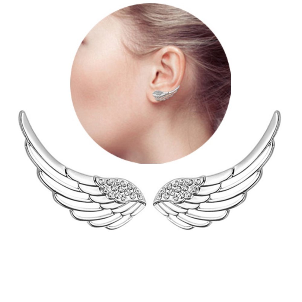 HOMEYU® Women's 925 Sterling Silver Sweep up Ear Wrap Pin Ear Cuffs Climbers CZ Crystal Angle Wings Stud Hook Earrings