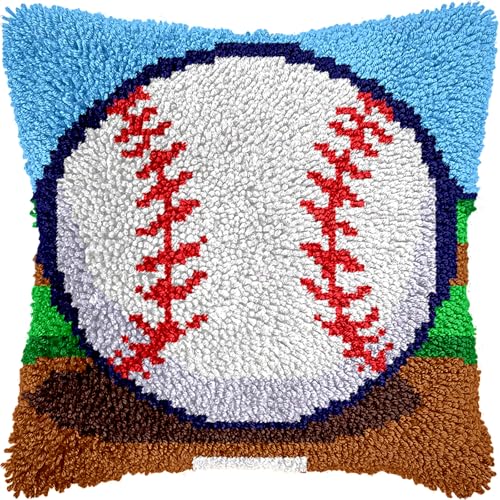 Image of veirousa Latch Hook Kits for Adults, DIY Baseball Pillow & Rug Craft Kit for Beginners, Sport-Themed Handmade Yarn Art, Relaxing Home Sofa Decor Gift 17x17 Inch