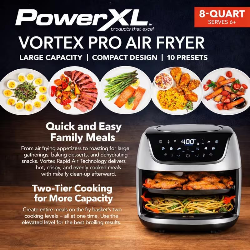 PowerXL 8QT Vortex Pro Air Fryer SmartTech WiFi/Bluetooth, 7-in-1, 10 Presets, Black/Slate