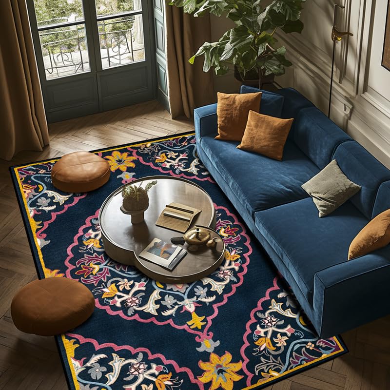 Grand tapis de salon rétro bleu et violet de 180 x 270 cm pour sublimer une salle à manger