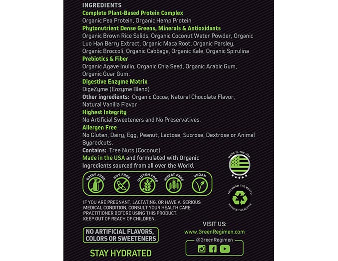 Green Regimen Elite Plant-Based Powder - 25g Complete Hemp & Pea Protein, Meal Replacement High-Protein Vegan Shake, NonGMO, Gluten-Free, Dairy-Free, Low Carb - (Chocolate - 1 Month Supply)