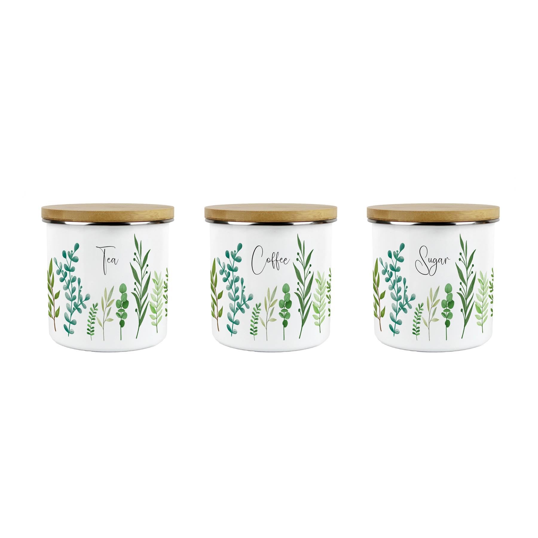 Purely Home Green Leaves Tea Coffee & Sugar Storage Canisters Set - Vibrant Foliage Kitchen Decor Gift - Metal/Enamel Hot Drinks Storage Containers Set of 3