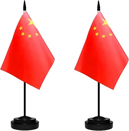 China Chinese Small Mini Desk Flag Set Miniature China Chinese Table Office Flag with 13" Black Pole, Black Base, Miniature China Deluxe Desktop Flag(2 Pack)
