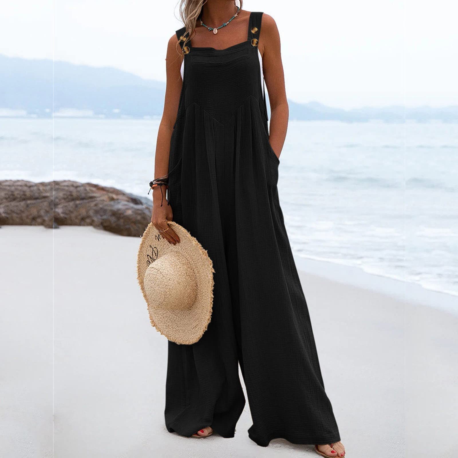 Petos Mujer Talla Grande Verano Largos Elegantes Casual Pocket Romper | Correa Sólido Playsuit Botón Largo Mono de Mujer Pierna Ancha Casual Trabajar Vestir