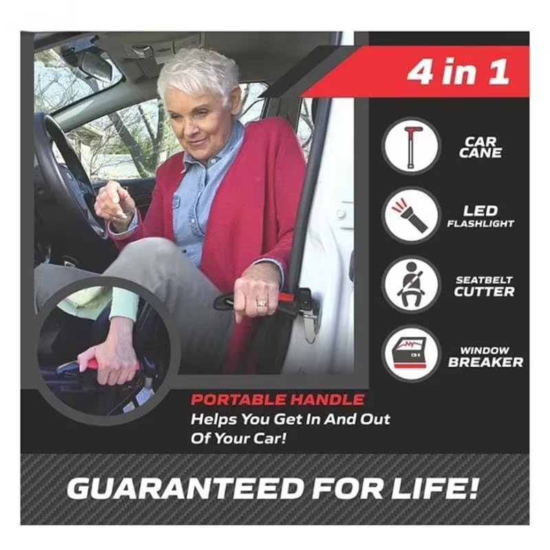 Image of YOURKARTS.COM 5-in-1 Car Support Handle with Window Breaker - Easy Grip Safety Tool for Seniors | Seat Assist Bar for Car Entry & Exit | car Accessories (Red)