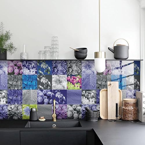 Miniatura 3 de Lukery 24 hojas de azulejos de despegar y pegar, impermeables, para losetas en muro de cocina, azulejos de flores, autoadhesivos, azulejos de pared