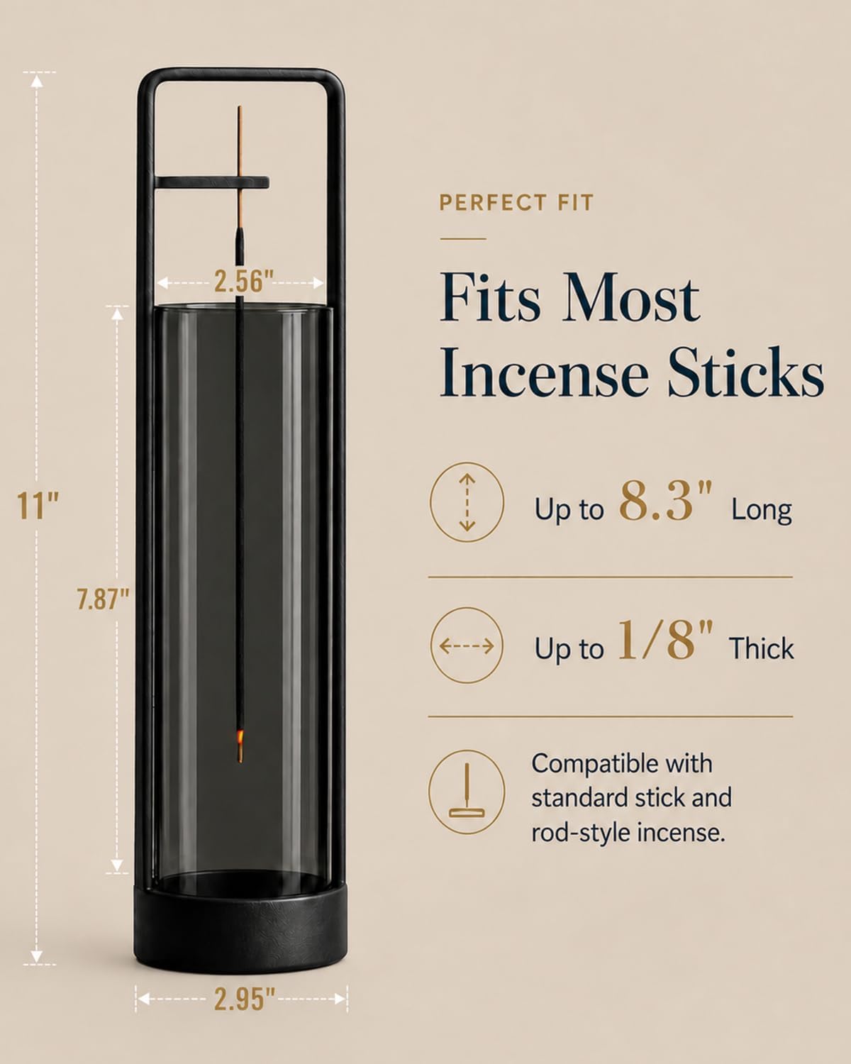 Incense Holder with Ash Catcher – Upside Down Incense Burner, Windproof Glass No Mess Heavy Metal Base, Anti-Ash Incense Holder for Sticks, Minimalist Desk Decor for Home Meditation Yoga (Black)