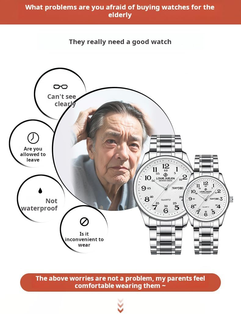 FANMIS Ultra Thin Easy-to-Read Analog Watch for Seniors with Stainless Steel Expansion Band Large Numerals Waterproof Luminous Elastic Band Watch