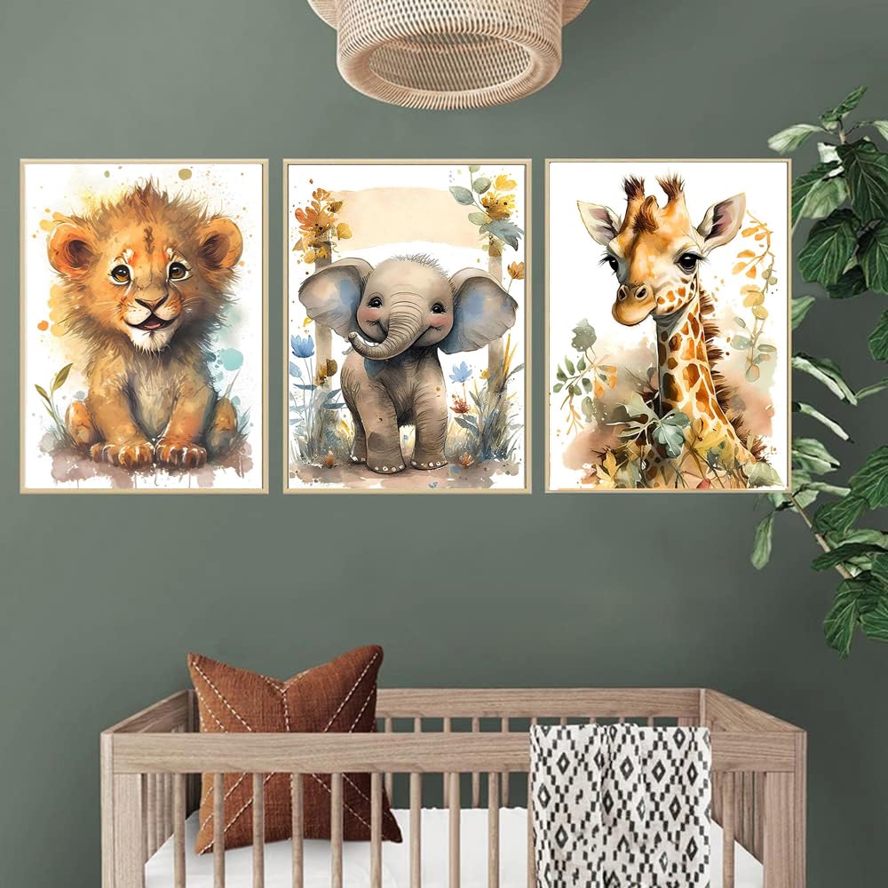 3 Affiches Animaux Jungle Tableau Savane Bebe Garcon Decoration Chambre Enfant Lion Girafe Poster Chambre Enfant Foret 30x40 Toile Boho Affiche Animaux Chambre Bébé Garcon sans Cadre (BYCH074-30x40)