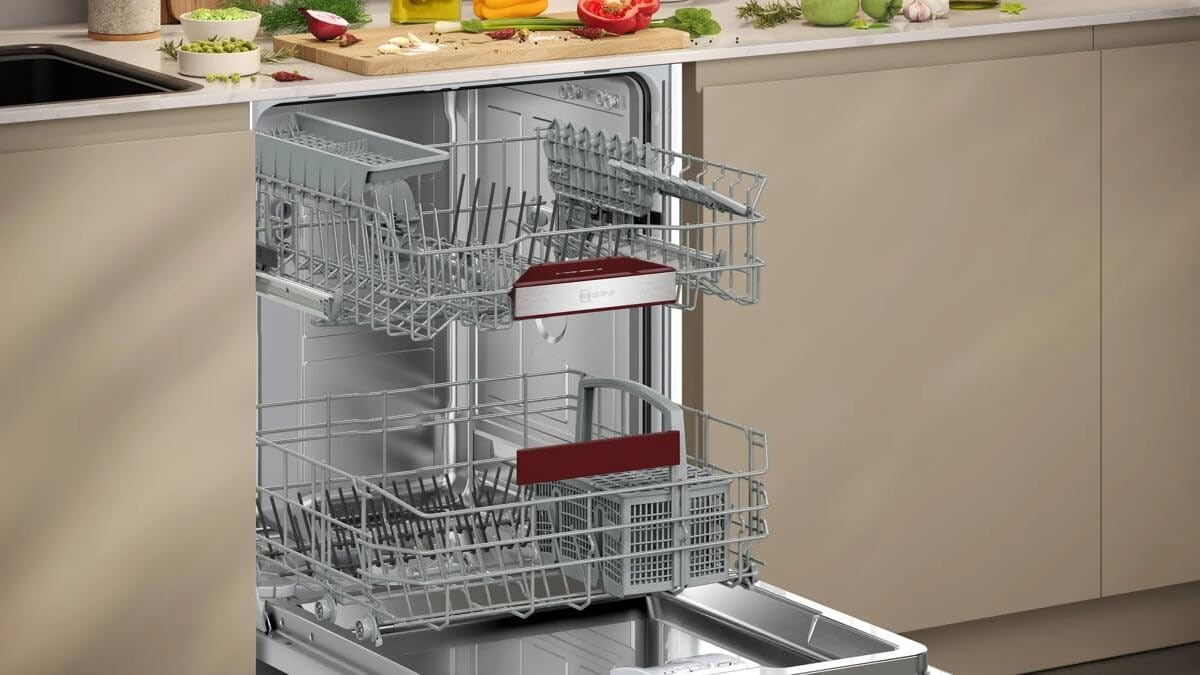 Neff S125EBS16E, N 50, Lavavajillas con base inteligente de 60 cm, fabricado en Alemania, cesta para cubiertos, muy silenciosa, Open Dry, fuerte limpieza con Chef 70ºC, favoritos, acero cepillado
