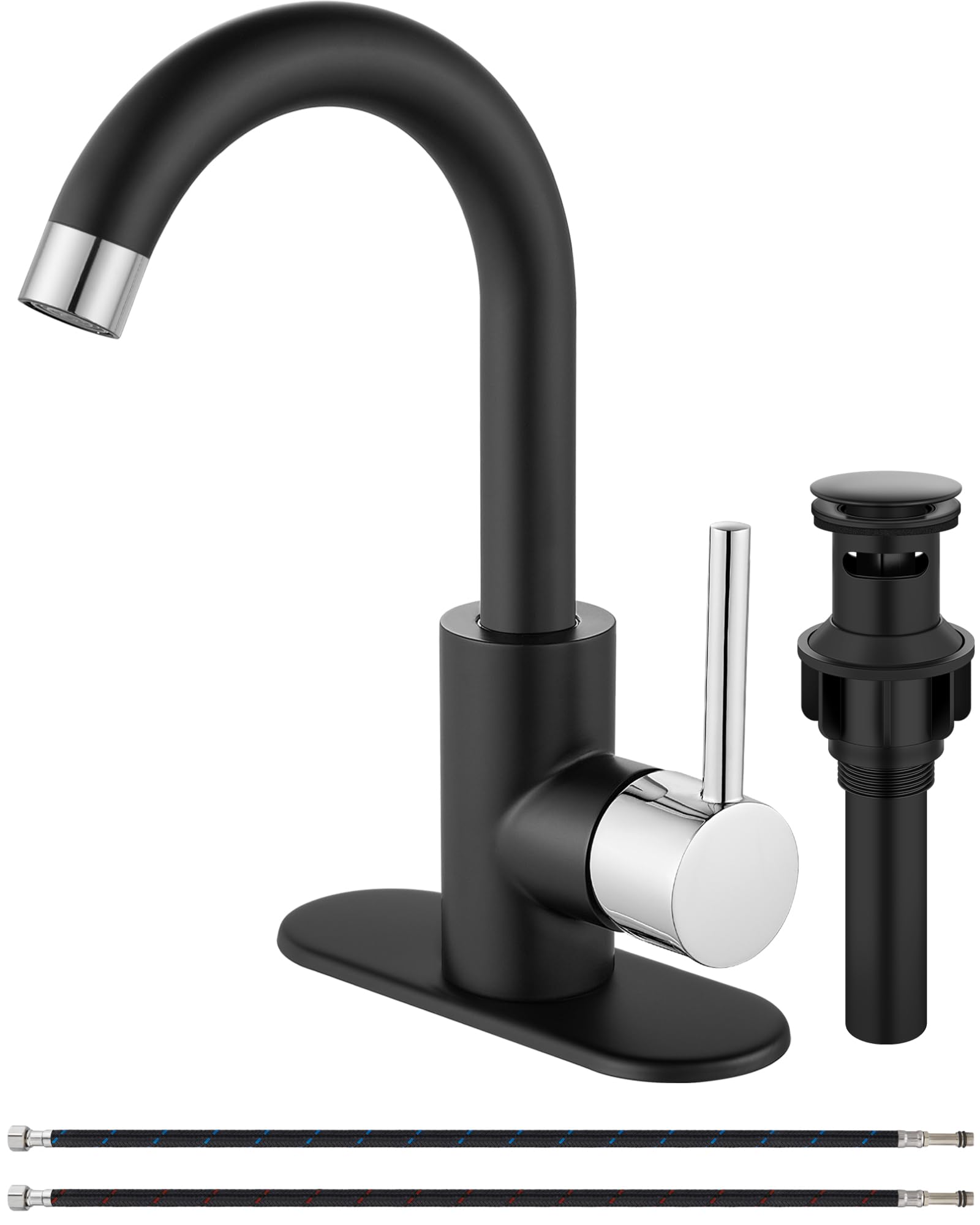 Midanya Single Hole Bathroom Faucet 1 Hole Bar Sink Faucet Suitable for Kitchen RV Vanity,304 Stainless Steel 360° Swivel Spout with Deck Plate and Pop-up Drain,Polish Chrome and Matte Black